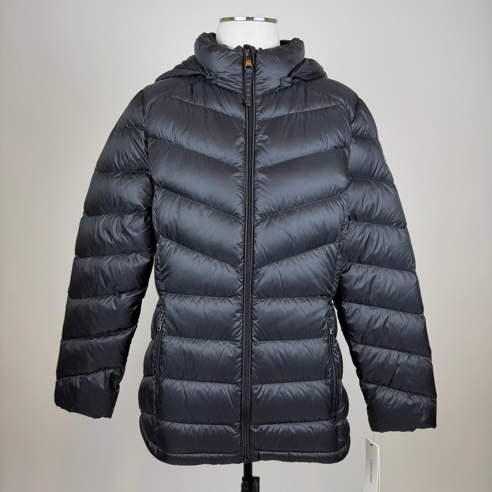 NWT Calvin Klein Black Goose Down Puffer Jacket Winter Coat Hooded Womens Large